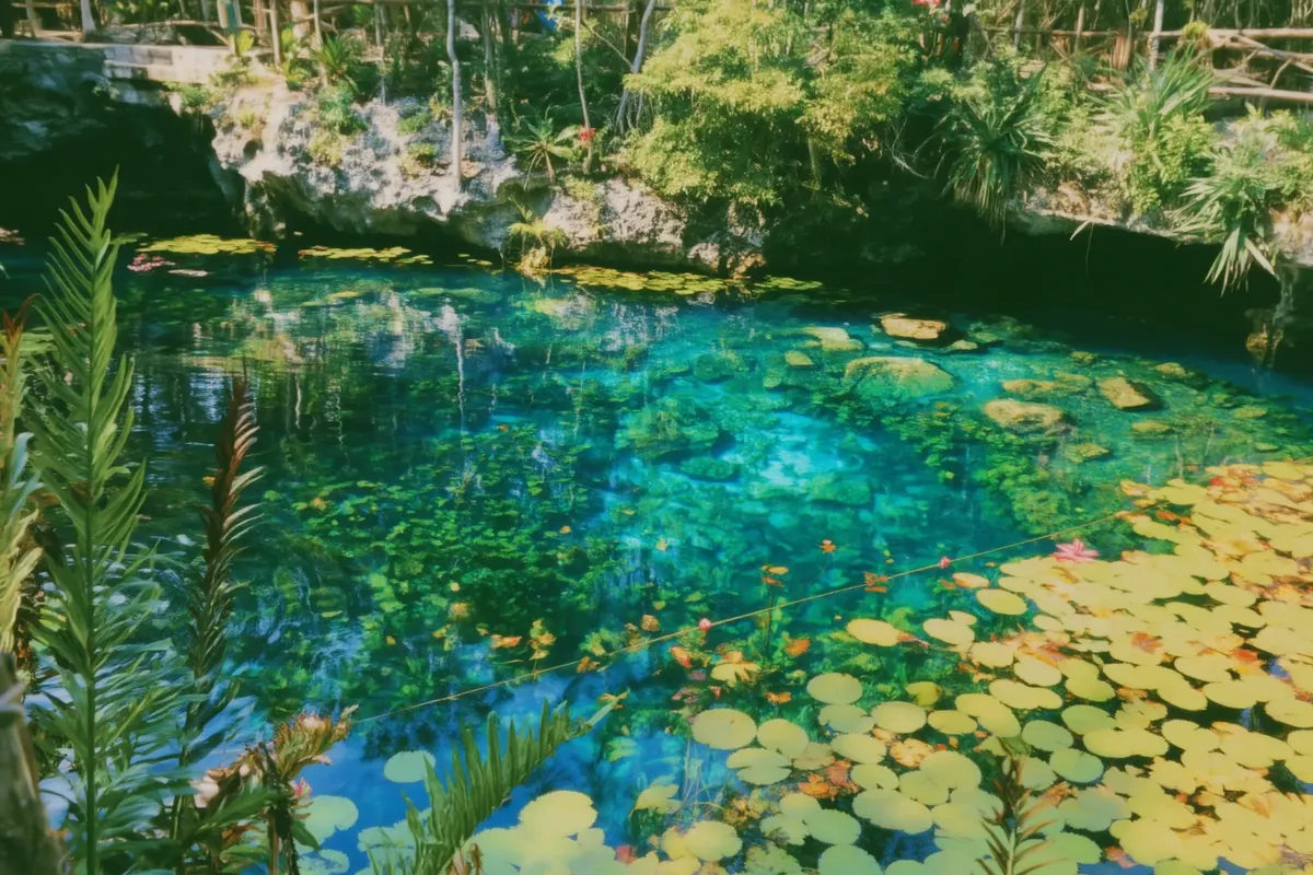 The clear turquoise water of Cenote Nicte-Ha, dotted with water lilies, below a wall of rock and jungle