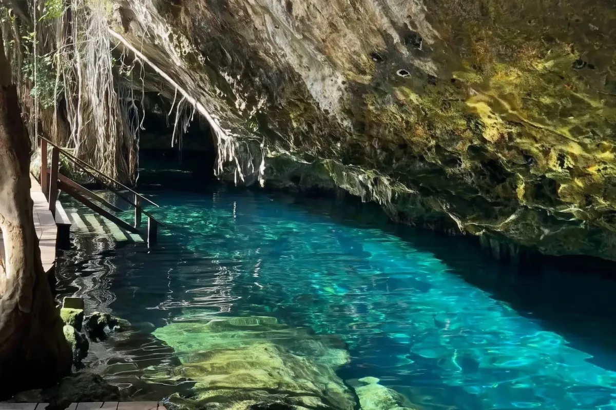 The turquoise water of Cenote Nohoch Nah Chich under a rock overhang, wooden steps leading down into it